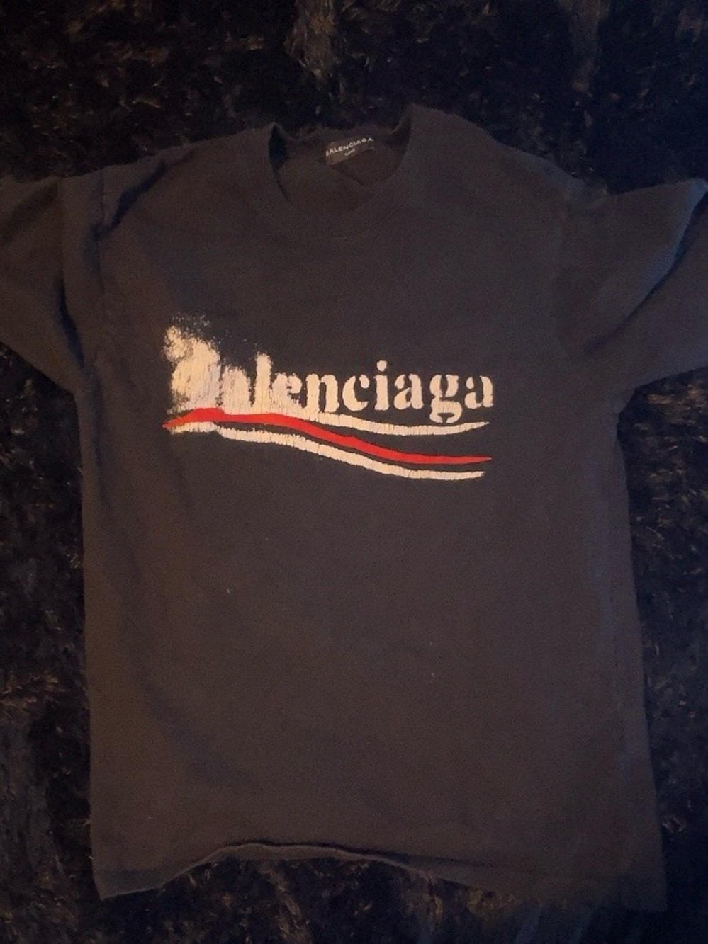 Balenciaga Black Short-Sleeve Tee with Red and White Wave Graphic